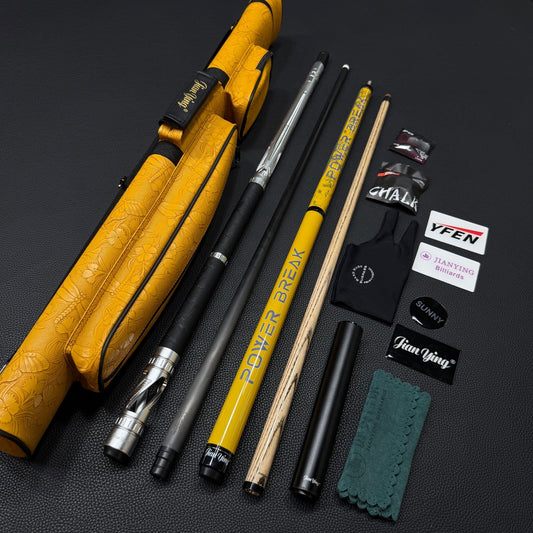 Free shipping JIAN YING 3 items set - jump break - 13.5mm tip,metal carbon fiber cue - 11.8mm tip,yellow - 4 hole case set - JIAN YING CuesFree shipping JIAN YING 3 items set - jump break - 13.5mm tip,metal carbon fiber cue - 11.8mm tip,yellow - 4 hole case setJIAN YING Cues