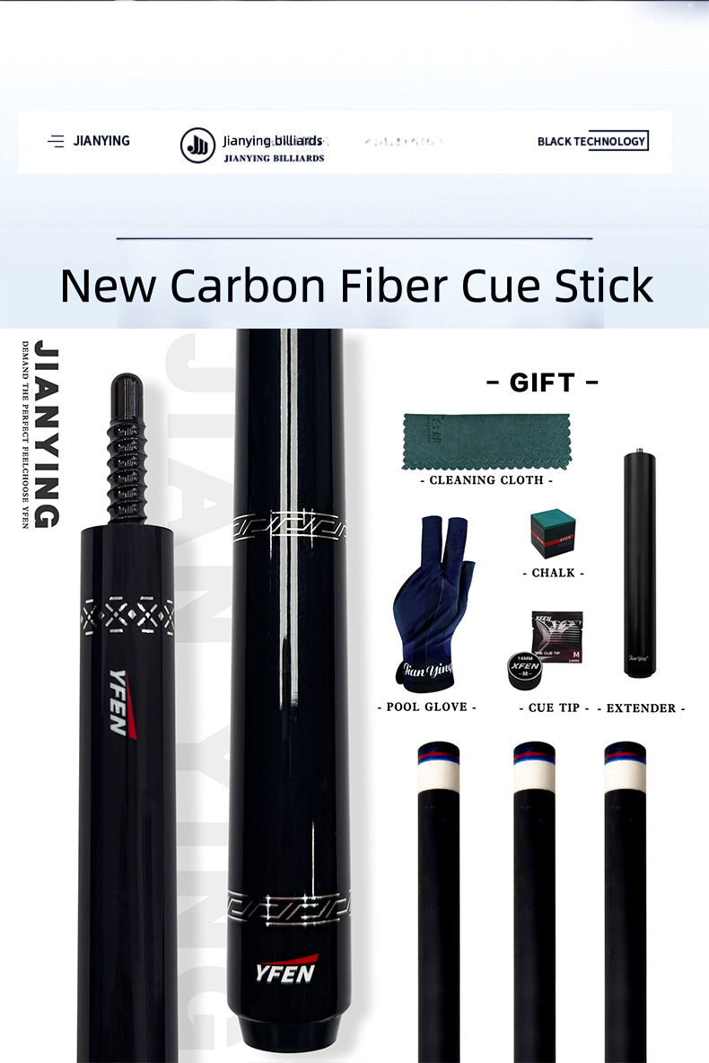 JIAN YING YFEN Carbon Fiber 1/2 Billiard Cue 58-inch 11.8mm Tip for Home & Club Use High-Quality Pool Stick - JIAN YING Cues