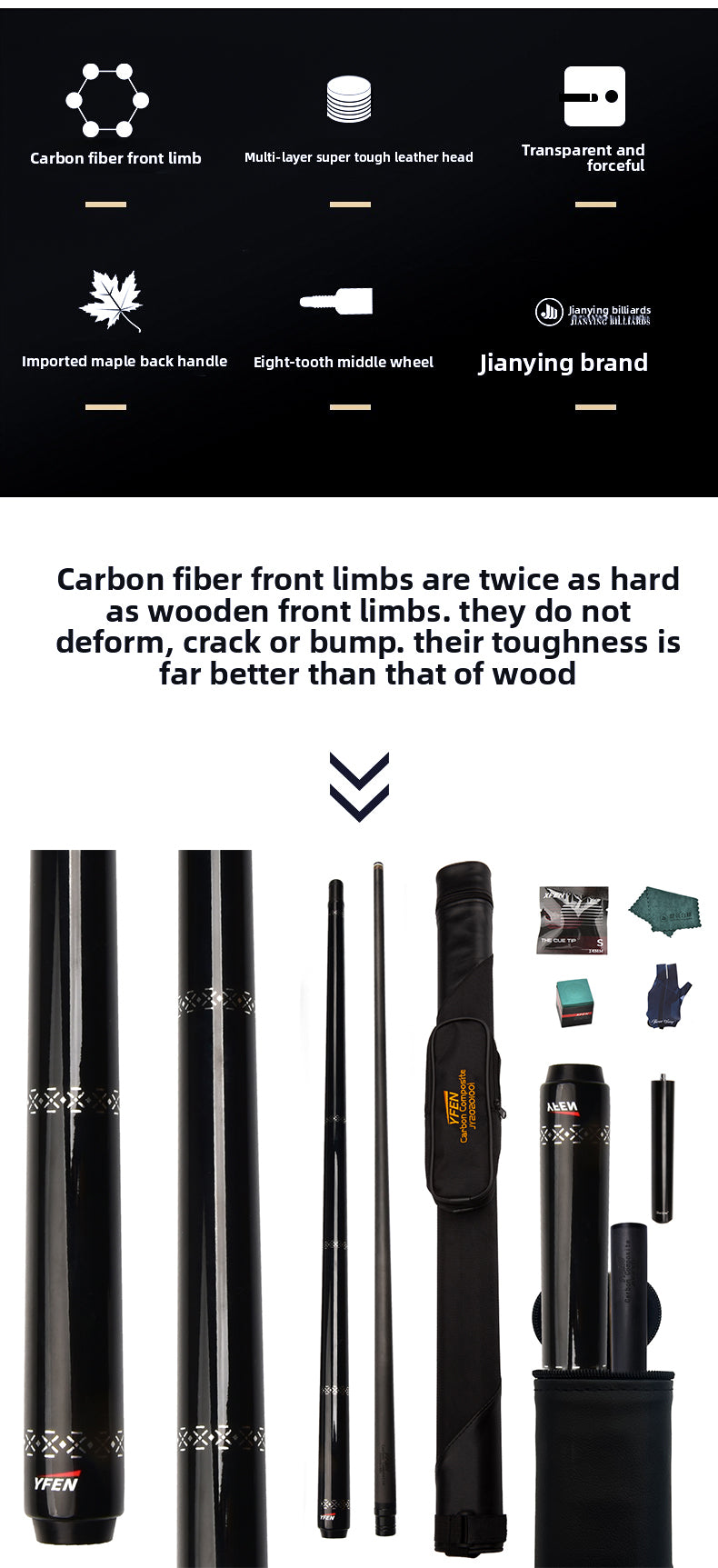 JIAN YING YFEN Carbon Fiber 1/2 Billiard Cue 58-inch 11.8mm Tip for Home & Club Use High-Quality Pool Stick - JIAN YING Cues