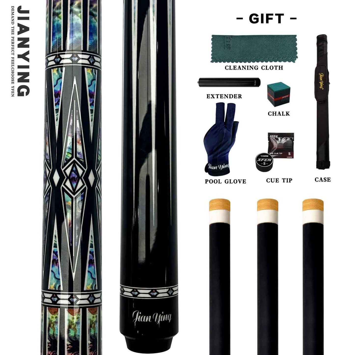 2026 new design billiard cue. Inlaying technique carbon fiber 1/2 billiard cue comes with a cue box and accessories. It features a 58-inch, 11.8mm cue tip Comes with cue case + leather tip + gloves + towel + chalk
