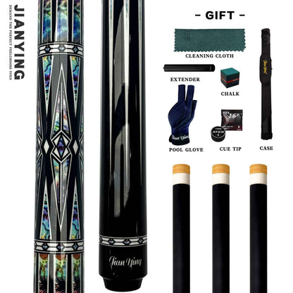 2026 new design billiard cue. Inlaying technique carbon fiber 1/2 billiard cue comes with a cue box and accessories. It features a 58-inch, 11.8mm cue tip Comes with cue case + leather tip + gloves + towel + chalk
