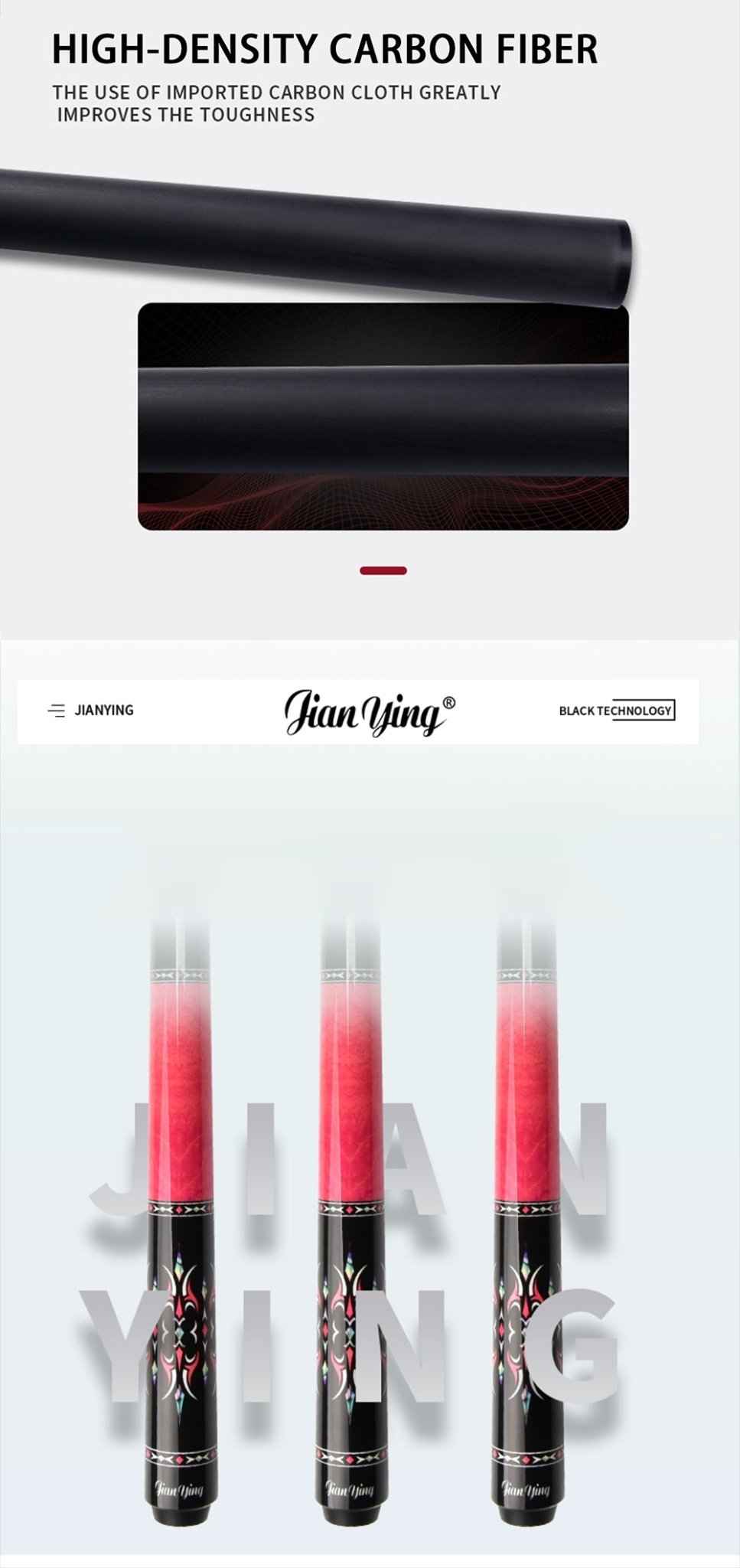 2026 new design billiard cue. Inlaying technique carbon fiber 1/2 billiard cue comes with a cue box and accessories. It features a 58-inch, 11.8mm cue tip Comes with cue case + leather tip + gloves + towel + chalk