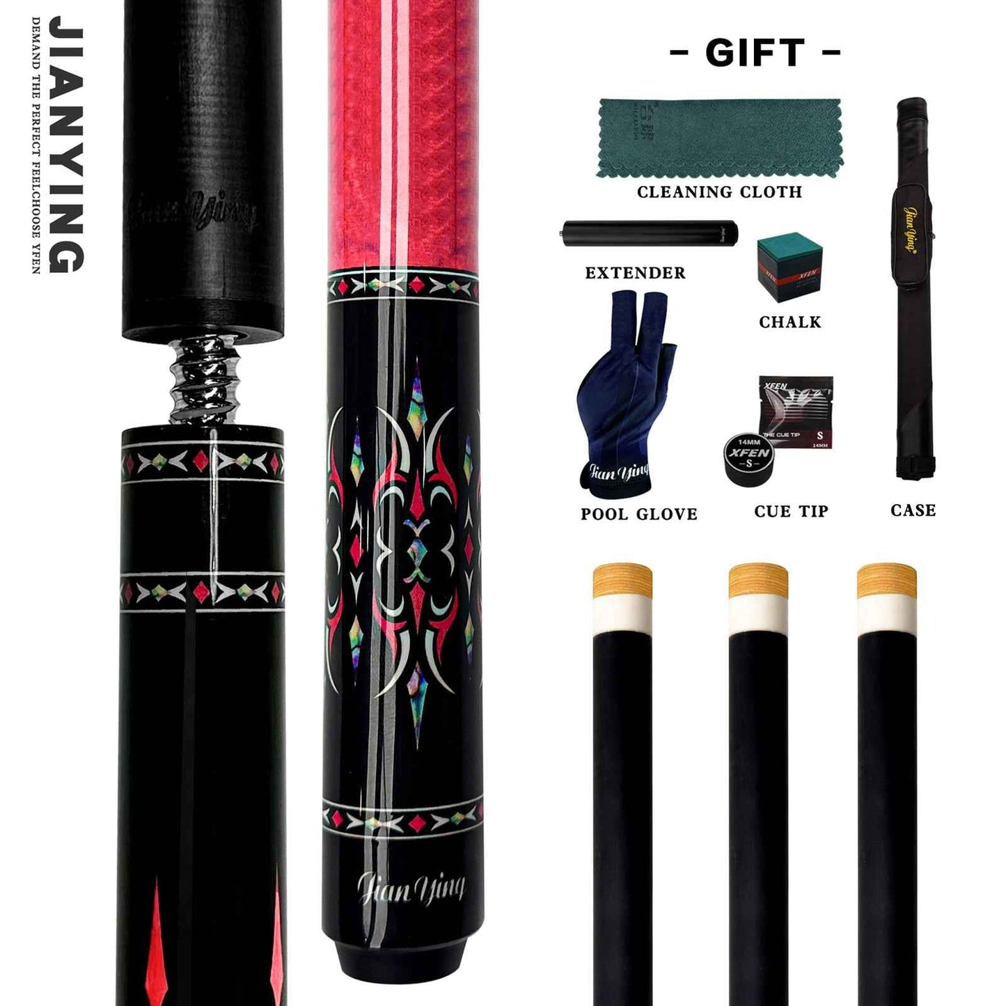 2026 new design billiard cue. Inlaying technique carbon fiber 1/2 billiard cue comes with a cue box and accessories. It features a 58-inch, 11.8mm cue tip Comes with cue case + leather tip + gloves + towel + chalk