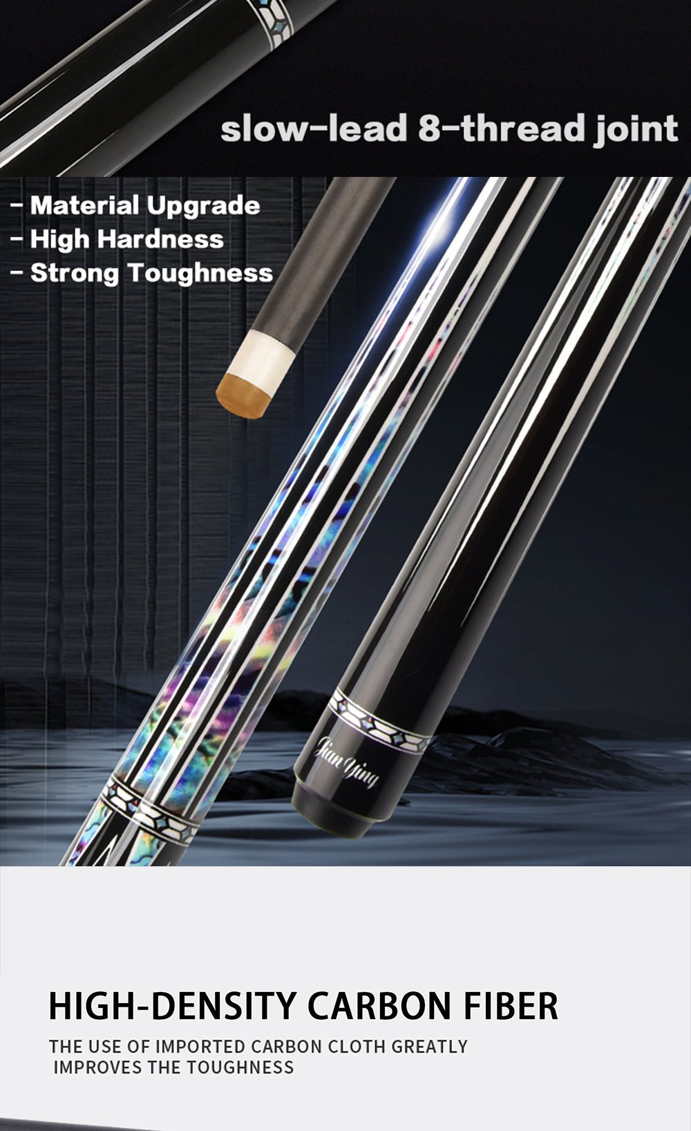 2026 new design billiard cue. Inlaying technique carbon fiber 1/2 billiard cue comes with a cue box and accessories. It features a 58 - inch, 11.8mm cue tip Comes with cue case + leather tip + gloves + towel + chalk - JIAN YING Cues2026 new design billiard cue. Inlaying technique carbon fiber 1/2 billiard cue comes with a cue box and accessories. It features a 58 - inch, 11.8mm cue tip Comes with cue case + leather tip + gloves + towel + chalk球杆JIAN YING
