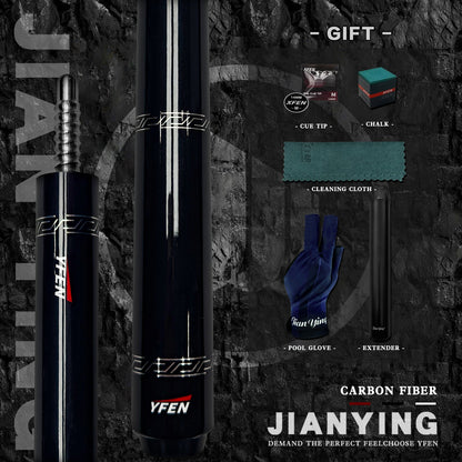 JIAN YING YFEN Carbon Fiber 1/2 Billiard Cue 58 - inch 11.8mm Tip for Home & Club Use High - Quality Pool Stick - JIAN YING CuesJIAN YING YFEN Carbon Fiber 1/2 Billiard Cue 58 - inch 11.8mm Tip for Home & Club Use High - Quality Pool StickJIAN YING Cues